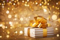 Christmas gift box against golden lights and bokeh background. Holiday greeting card Royalty Free Stock Photo