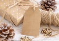 Christmas Gift Box with blank gift tag closeup, Mockup Royalty Free Stock Photo