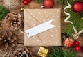 Christmas Gift Box with blank gift tag top view, Mockup Royalty Free Stock Photo