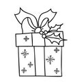 Christmas gift box with bow and mistletoe. Vector linear hand drawing in doodle style. For holiday decor, design, decoration and