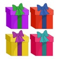 Christmas gift box with bow set isolated on white. Collection of present boxes with ribbon. Cartoon xmas colorful icons Royalty Free Stock Photo