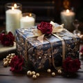 Christmas gift box with candles. wrapped with blue wrapping paper and a bow,