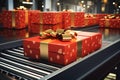 Christmas gift box in 3D rendering on a conveyor roller Royalty Free Stock Photo