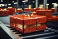 Christmas gift box in 3D rendering on a conveyor roller Royalty Free Stock Photo