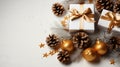 Christmas gift box, fir branches and pine cones new year with place for text on white background