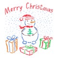 Christmas gift box, funny smiling snowman, falling snowflakes and fir tree on white. Royalty Free Stock Photo