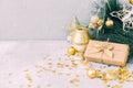 Christmas gift box with gold decorations. New Year Background. Royalty Free Stock Photo