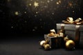 Christmas gift box with golden bow on black background. 3d rendering, Christmas background with christmas gifts decoration, AI Royalty Free Stock Photo