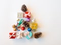 christmas gift box,golden glister ball and pine cone in tree shape.