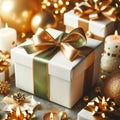 Christmas gift box with golden ribbon and bow on bokeh background Royalty Free Stock Photo