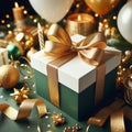 Christmas gift box with golden ribbon and bow on bokeh background Royalty Free Stock Photo