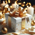 Christmas gift box with golden ribbon and bow on bokeh background Royalty Free Stock Photo