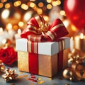 Christmas gift box with golden ribbon and bow on bokeh background Royalty Free Stock Photo