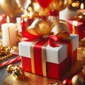 Christmas gift box with golden ribbon and bow on bokeh background Royalty Free Stock Photo