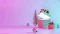 Christmas gift box neon background. Open xmas gift box with shine lights, minimal tree. Holiday decoration bauble ball