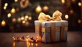 Christmas gift box or present with golden bow and ribbon, bokeh background. Royalty Free Stock Photo