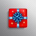 Christmas Gift box red present in blue ribbon bow. Square Christ Royalty Free Stock Photo