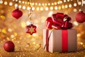 Christmas gift box with red ribbon and decorations against golden lights garland and bokeh background. Holiday greeting card Royalty Free Stock Photo