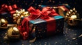 christmas gift box with red ribbon and gold ornaments on a dark background Royalty Free Stock Photo