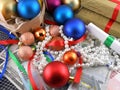 Christmas gift box set, christmas balls, money and diamonds Royalty Free Stock Photo