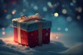 Christmas gift box on snow with bokeh background. New Year concept.generativeai Royalty Free Stock Photo