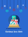 Christmas gift box in snow globe icon with christmas ornament elements hanging Royalty Free Stock Photo