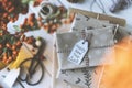 Christmas gift box stack on wooden table, Happy new year Royalty Free Stock Photo