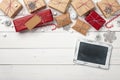 Christmas gift boxes background with chalk board Royalty Free Stock Photo