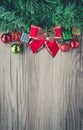 Christmas gift boxes and balls background on wooden texture Royalty Free Stock Photo