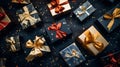 christmas gift boxes on a black background with gold and red ribbons Royalty Free Stock Photo