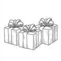 Christmas gift boxes with bows and ribbons depicted in a continuous one-line drawing, featuring a linear style, saved as