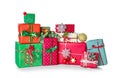 Christmas gift boxes and decorations on white background Royalty Free Stock Photo