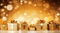 Christmas gift boxes on a golden bokeh background with defocused lights - Generative AI Royalty Free Stock Photo