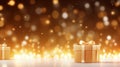 Christmas gift boxes on a golden bokeh background with defocused lights - Generative AI Royalty Free Stock Photo