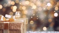 Christmas gift boxes on a golden bokeh background with defocused lights - Generative AI Royalty Free Stock Photo