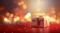 Christmas gift boxes on a golden bokeh background with defocused lights - Generative AI Royalty Free Stock Photo