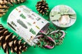 Christmas gift boxes on green background. Merry christmas greeting cards. Winter xmas holiday theme. Happy New Year