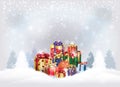 Christmas gift boxes group presents Winter Holiday Landscape Royalty Free Stock Photo