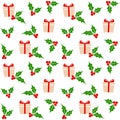 Christmas Gift Boxes with Holly Seamless Pattern Repeat on White Royalty Free Stock Photo
