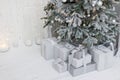 Christmas gift boxes near Christmas tree Royalty Free Stock Photo