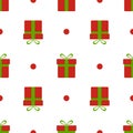 Christmas gift boxes pattern. Red xmas boxes with green bow and snow isolated on white background. Present seamless Royalty Free Stock Photo