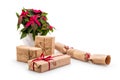 Christmas gift boxes with poinsettia Royalty Free Stock Photo