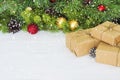 Christmas gift boxes. Christmas present in gift boxes at white wooden table. Copy space. Royalty Free Stock Photo