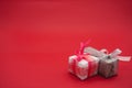 Christmas gift boxes. Red background. Beautiful Christmas gift boxes. Royalty Free Stock Photo