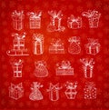 Christmas gift boxes on red background with snowflakes. Doodle sketch vector illustration. Royalty Free Stock Photo