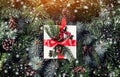 Christmas gift boxes with red decoration, pine cones on tree branches background with snowflakes. Xmas and Happy New Year theme Royalty Free Stock Photo