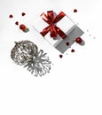 Christmas gift boxes with red ribbon and decoration on white background with bokeh, light. Xmas and Happy New Year holiday Royalty Free Stock Photo