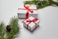 Christmas gift boxes with red ribbon and green pine tree branch with cones on white Royalty Free Stock Photo