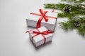 Christmas gift boxes with red ribbon and green pine tree branch with cones on white Royalty Free Stock Photo