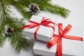 Christmas gift boxes with red ribbon and green pine tree branch with cones on white Royalty Free Stock Photo